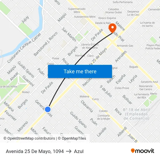 Avenida 25 De Mayo, 1094 to Azul map