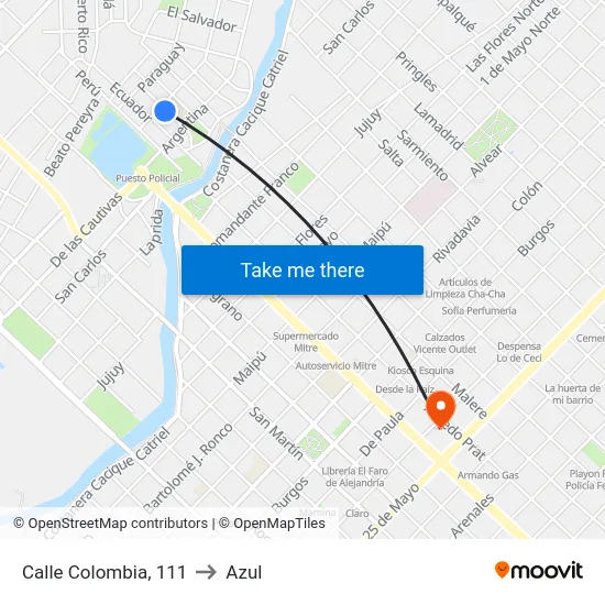 Calle Colombia, 111 to Azul map