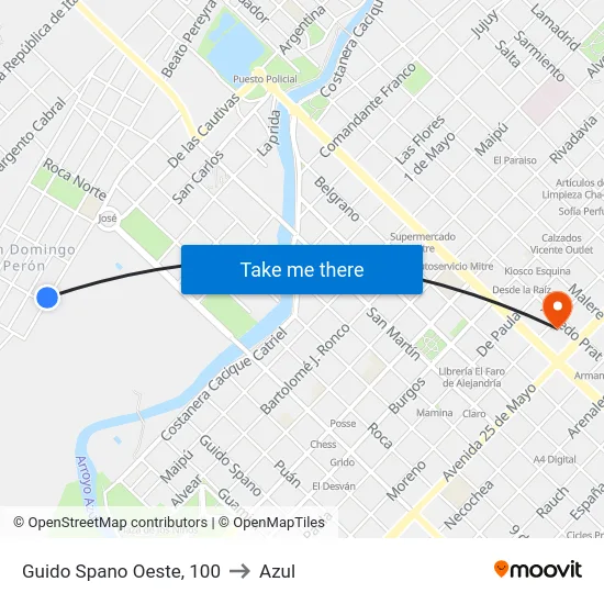 Guido Spano Oeste, 100 to Azul map