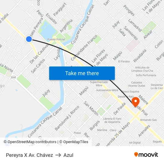 Pereyra X Av. Chávez to Azul map