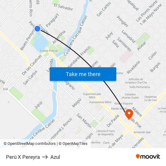 Perú X Pereyra to Azul map