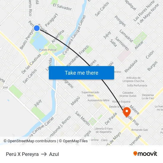 Perú X Pereyra to Azul map
