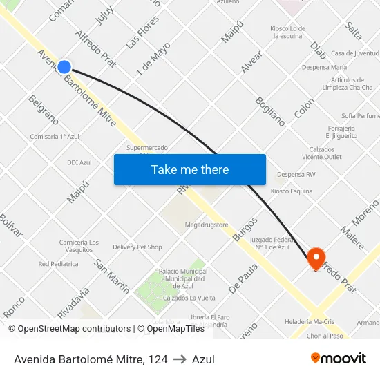 Avenida Bartolomé Mitre, 124 to Azul map