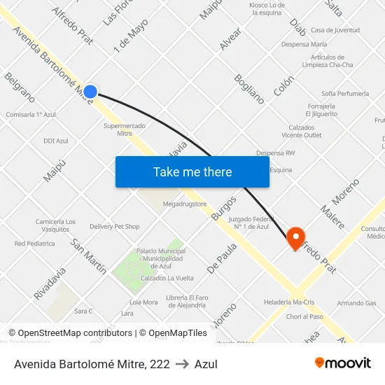 Avenida Bartolomé Mitre, 222 to Azul map