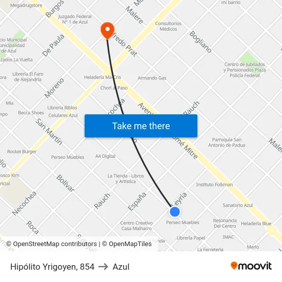 Hipólito Yrigoyen, 854 to Azul map