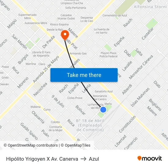 Hipólito Yrigoyen X Av. Canerva to Azul map
