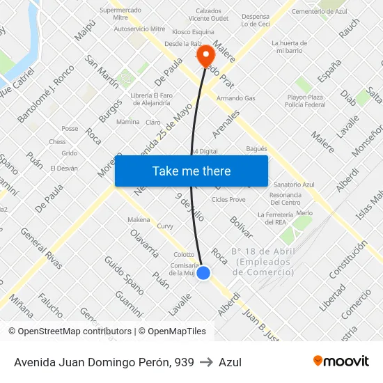 Avenida Juan Domingo Perón, 939 to Azul map