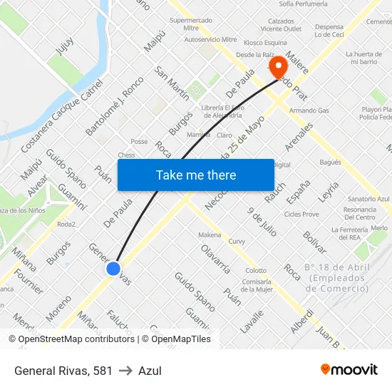 General Rivas, 581 to Azul map
