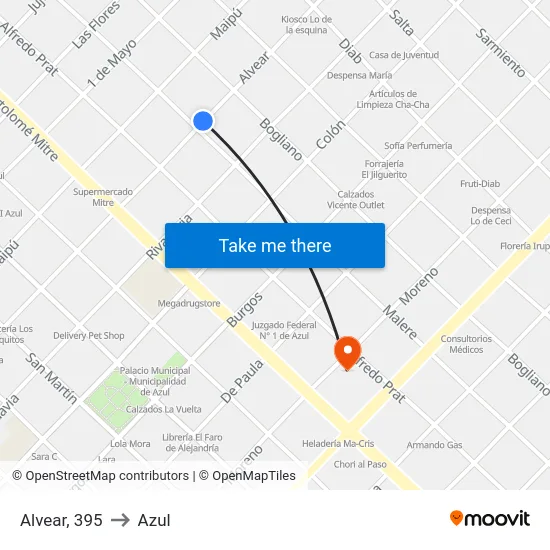 Alvear, 395 to Azul map