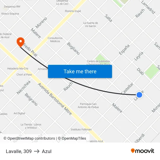 Lavalle, 309 to Azul map