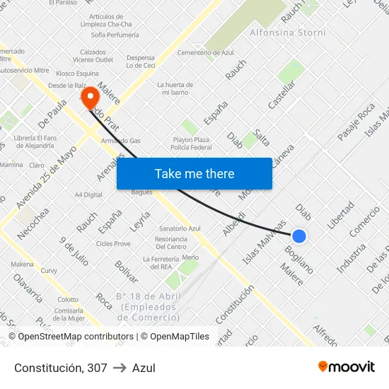 Constitución, 307 to Azul map