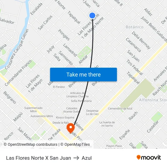 Las Flores Norte X San Juan to Azul map