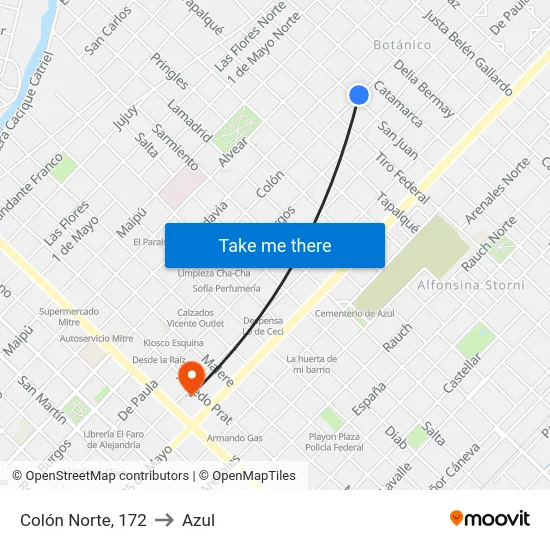 Colón Norte, 172 to Azul map