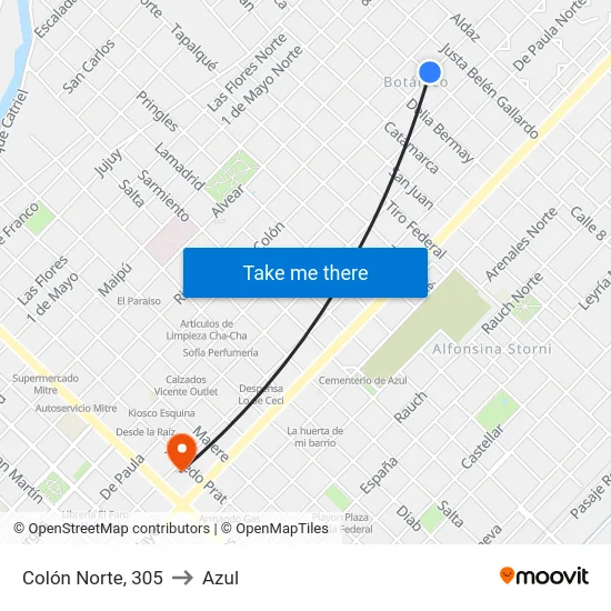 Colón Norte, 305 to Azul map