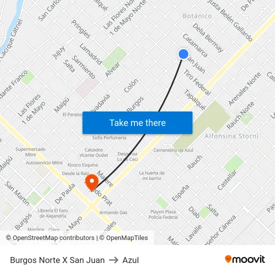 Burgos Norte X San Juan to Azul map