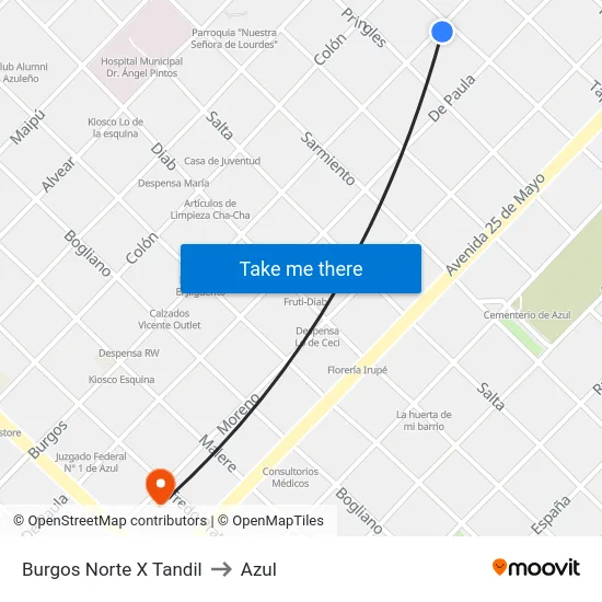 Burgos Norte X Tandil to Azul map