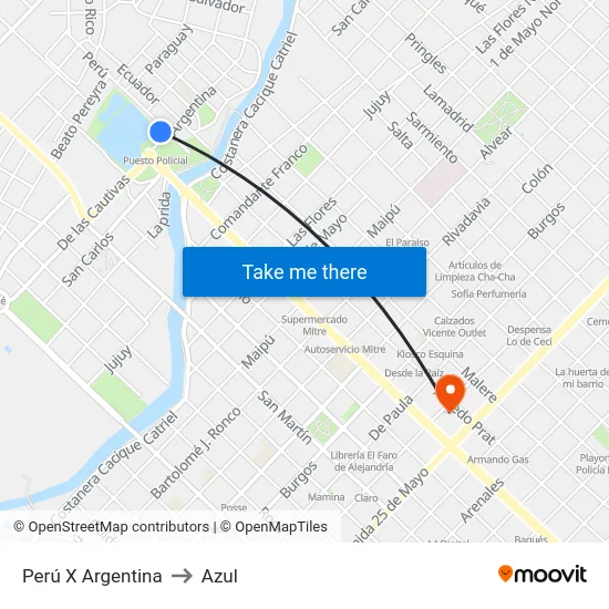 Perú X Argentina to Azul map