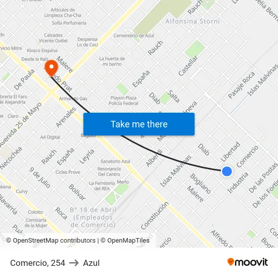 Comercio, 254 to Azul map