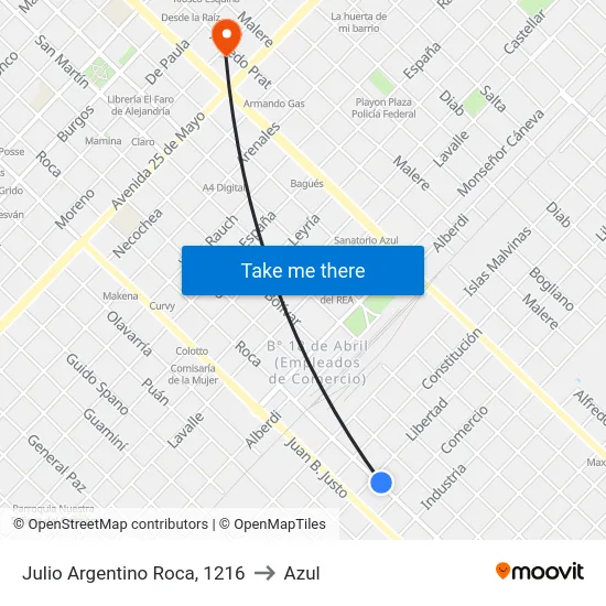 Julio Argentino Roca, 1216 to Azul map