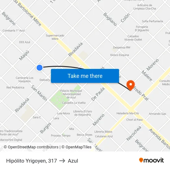 Hipólito Yrigoyen, 317 to Azul map