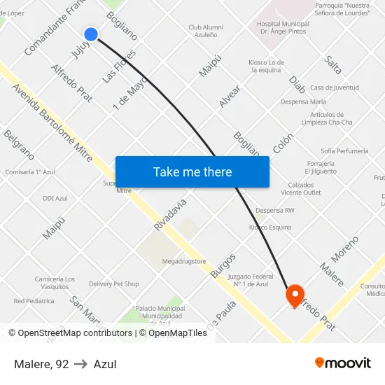 Malere, 92 to Azul map