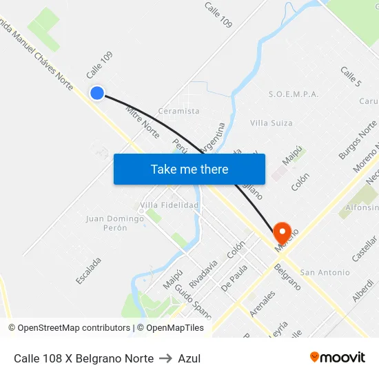 Calle 108 X Belgrano Norte to Azul map