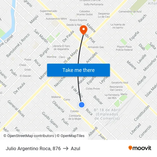 Julio Argentino Roca, 876 to Azul map