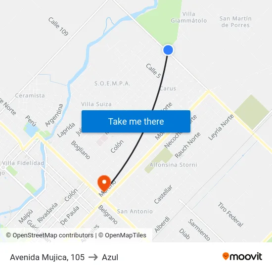 Avenida Mujica, 105 to Azul map