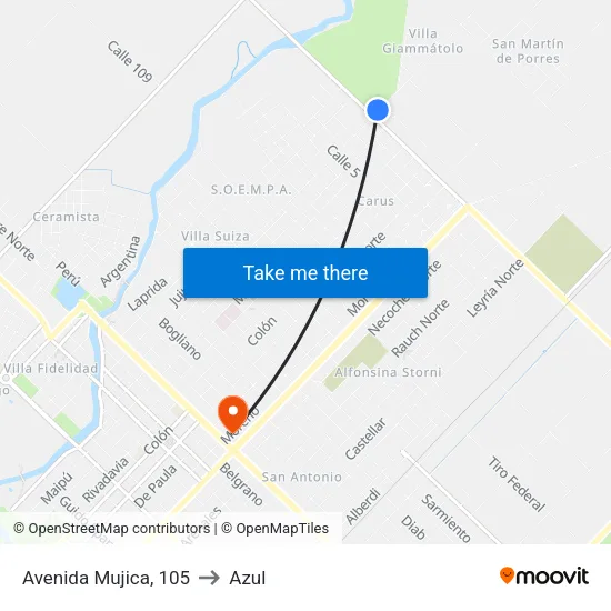 Avenida Mujica, 105 to Azul map