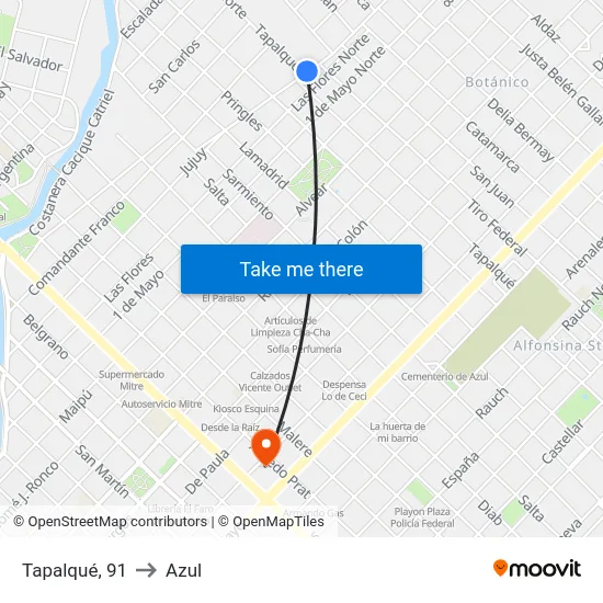 Tapalqué, 91 to Azul map