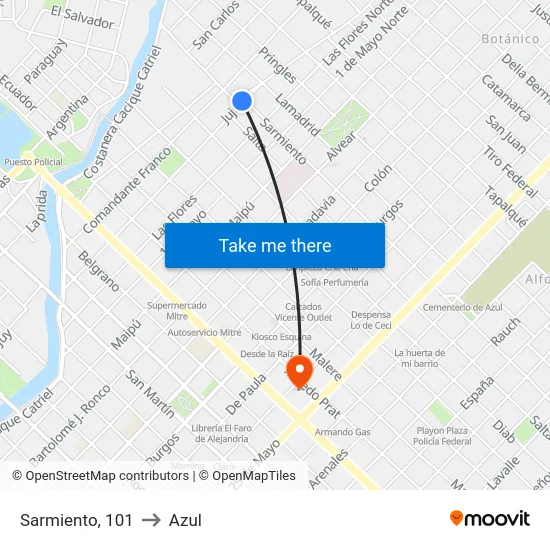 Sarmiento, 101 to Azul map