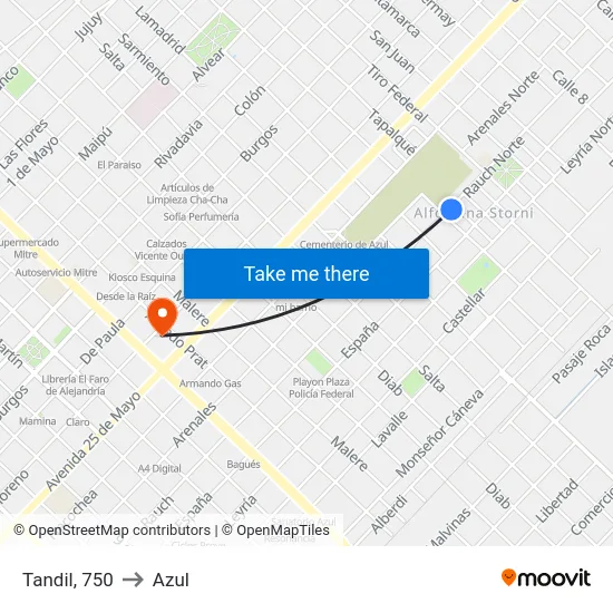 Tandil, 750 to Azul map