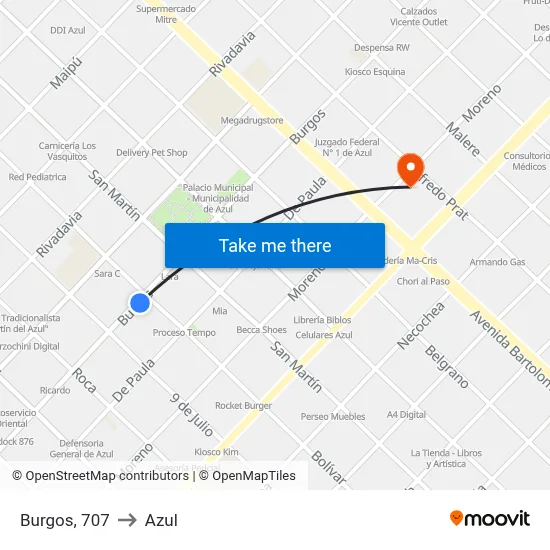 Burgos, 707 to Azul map