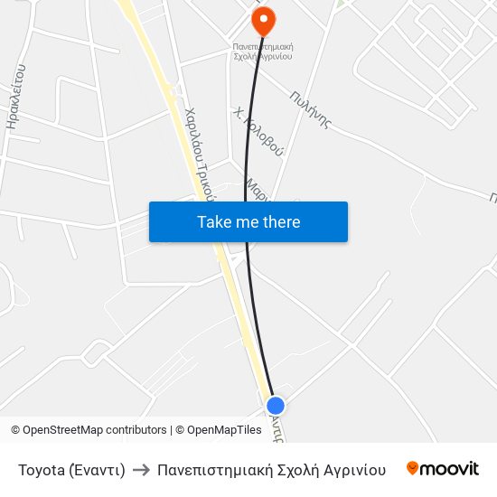 Toyota (Έναντι) to Πανεπιστημιακή Σχολή Αγρινίου map