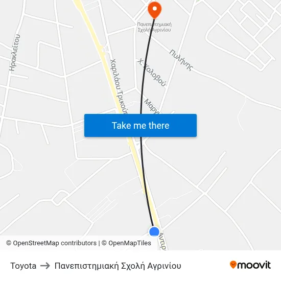 Toyota to University School of Agrinio map