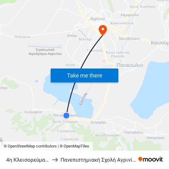 4η Κλεισορεύματα to Πανεπιστημιακή Σχολή Αγρινίου map