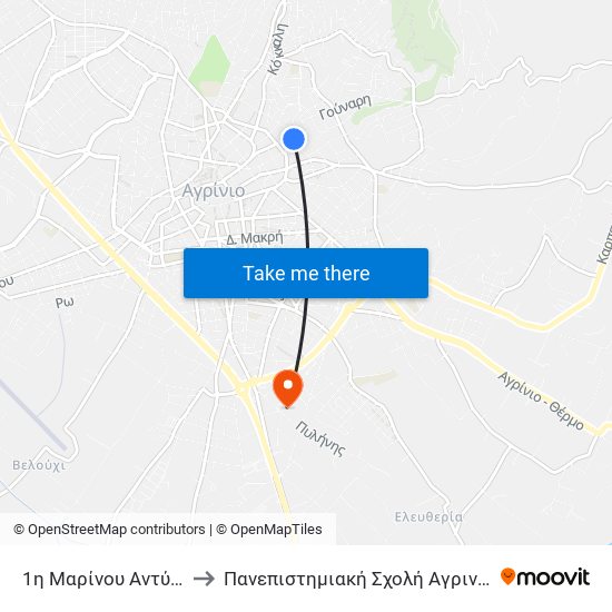 1η Μαρίνου Αντύπα to Πανεπιστημιακή Σχολή Αγρινίου map