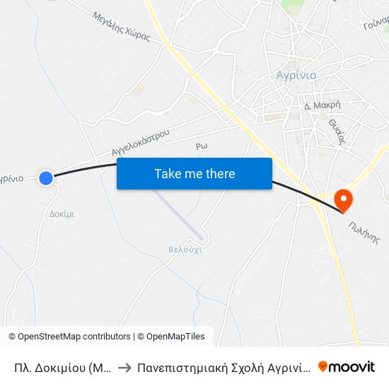 Πλ. Δοκιμίου (Μ2) to Πανεπιστημιακή Σχολή Αγρινίου map