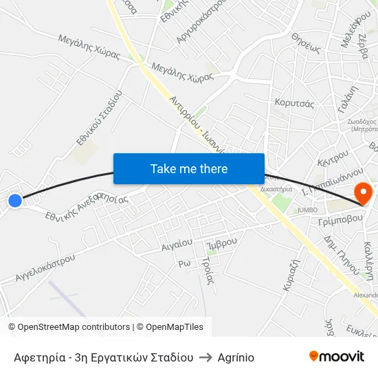 Starting Point - 3rd Stadium Workers to Agrinio map