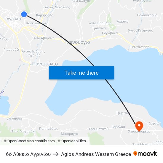 6ο Λύκειο Αγρινίου to Agios Andreas Western Greece map