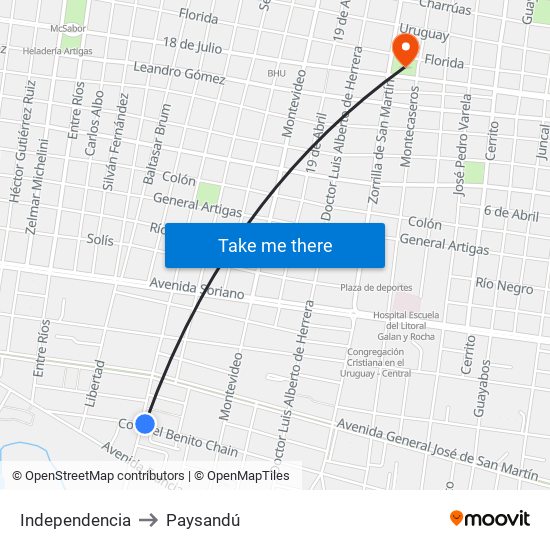 Independencia to Paysandú map