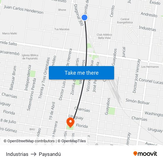 Industrias to Paysandú map