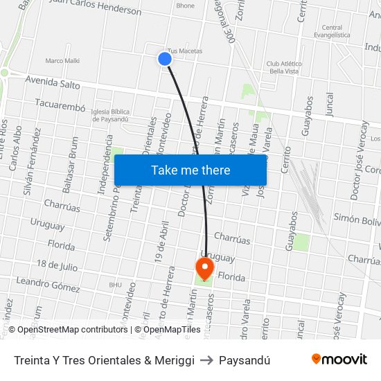 Treinta Y Tres Orientales & Meriggi to Paysandú map