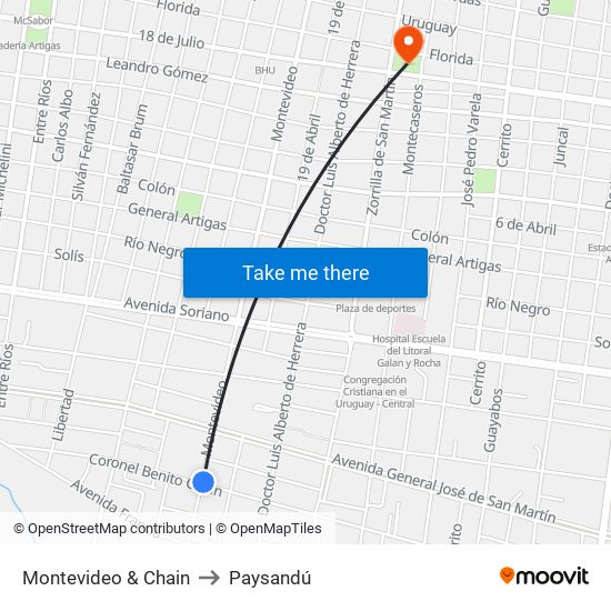 Montevideo & Chain to Paysandú map