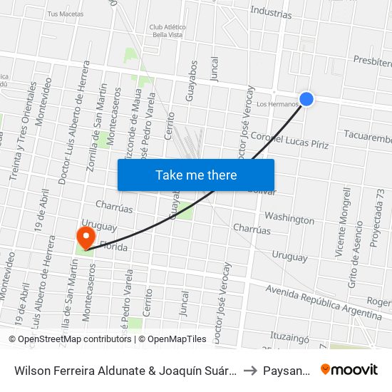 Wilson Ferreira Aldunate & Joaquín Suárez to Paysandú map