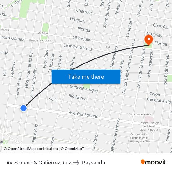 Av. Soriano & Gutiérrez Ruiz to Paysandú map