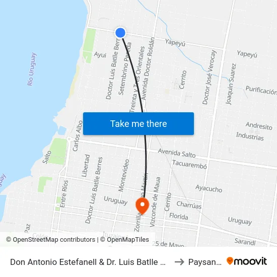 Don Antonio Estefanell & Dr. Luis Batlle Berres to Paysandú map
