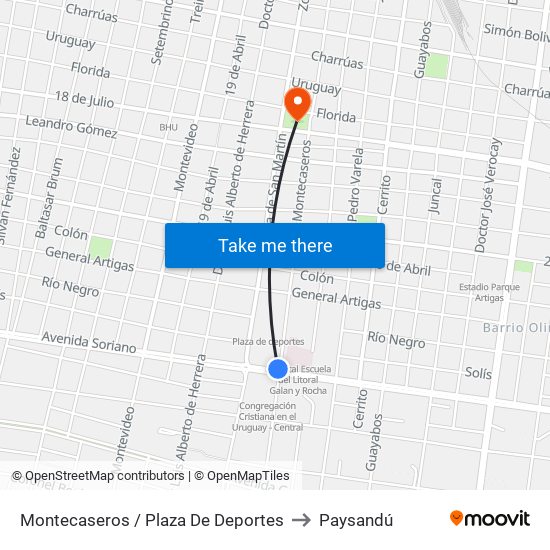 Montecaseros / Plaza De Deportes to Paysandú map