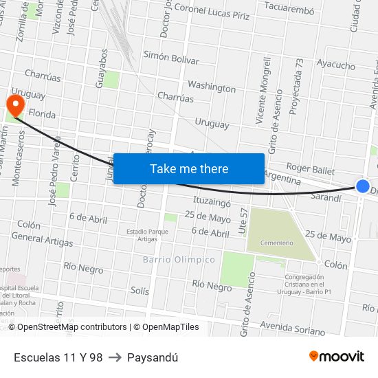 Escuelas 11 Y 98 to Paysandú map