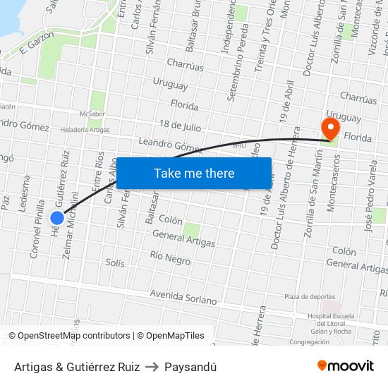 Artigas & Gutiérrez Ruiz to Paysandú map